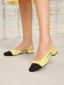 MOTF WOMEN'S SHOES NEW FRENCH YELLOW SIDE SPACE SPLICING CLOSED TOE SQUARE HEEL FASHION TEMPERAMENT CELEBRITY SHOES COMFORTABLE AND NOT TIRED FEET VERSATILE AGE REDUCTION ELEGANT STYLE WOMEN'S SHOES - Yellow Black - View 1