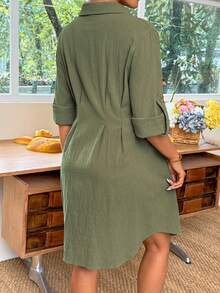 SHEIN Green Long-Sleeved Shirt Dress For Pregnant Women Single-Breasted Pleated Casual Business Teachers' Day Autumn Fall Maternity Photoshoot - Army Green - View 4