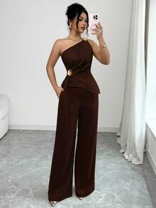 Selianne Minimalist Sexy Style Asymmetric One-Shoulder Tank Top & Bottom 2 Pieces Set For Women - Coffee Brown - View 3