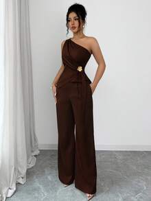 Selianne Minimalist Sexy Style Asymmetric One-Shoulder Tank Top & Bottom 2 Pieces Set For Women - Coffee Brown - View 4
