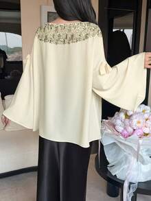 DAZY Autumn White Sequin Blouse Women Niche Design High-End Elegant Modest Beaded Mesh Patchwork Cape Top Birthday Mother Of The Bride Wedding - Apricot - View 2
