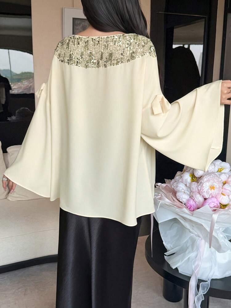 Spring Summer Apricot Blouse For Women, Niche Design, High-End, Stylish, Youthful, Unique, Beautiful, Beaded Mesh Patchwork Cape Top