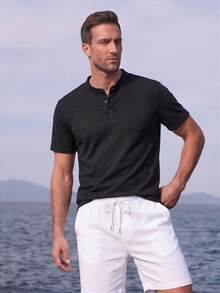 Officeau Men's Casual Solid Color Henley Neck Short Sleeve T-Shirt, Summer - Black - View 7
