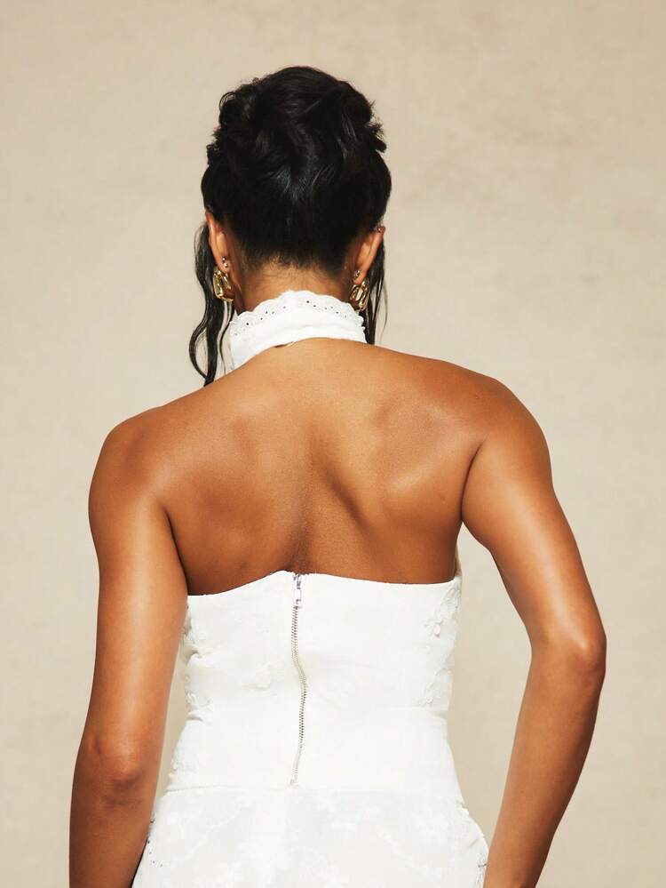 MISSGUIDED X Carli Bybel Women's White Broderie Anglaise Halter Neck Sleeveless Top With Scalloped Embroidered Eyelet Details And Cutout Design