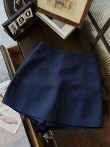 Franclia Women's Solid Color Metal Button Design Split Hem Skort - Navy Blue - View 2