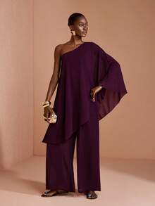 JIAN LASALA Women Chiffon Boho Asymmetrical Neck Long Sleeve Wide Leg Jumpsuit - Chocolate Brown - View 6
