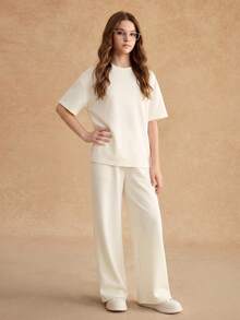 SHEIN Teen Girls 2pcs/Set Short Sleeve Round Neck T-Shirt Set, Loose Wide Sleeve T-Shirt + Loose Long Pants Set, Holiday Outfits - Apricot - View 3