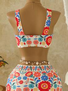 Swim Lushoire Set Pakaian Renang Musim Panas Terbaru dengan Atasan Tankini Berkerut dan Rok Mini Motif Bunga, Set Bikini Konservatif Gaya Boho untuk Liburan Pantai Warna Beige - MultiWarna - View 8