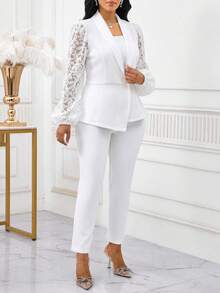 SHEIN Lady Women's Button Lace Patchwork Asymmetrical Hem Blazer And Casual Suit Pants Set - White - View 6