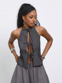 COUREZ Halter Pinstripe Tie Front Top /Y2K Sexy Rave Club Night Out Open Front Blouse Women's Summer Outfits Autumn Sleeveless Tops Light Grey - Dark Grey - View 6