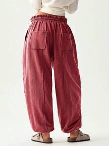 Bohemela Casual Solid Color Knit Loose Cuffed Sweatpants For Women - Burgundy - View 2