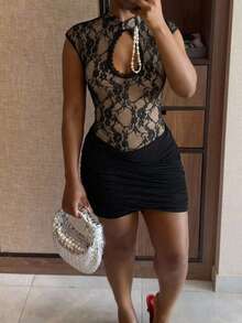 Autumn Black And Beige Floral Lace Mini Dress Women Chic Sexy Club Date Night Date Night Night Elegant Keyhole Neckline Mesh Sleeveless Cinched Waist - Black - View 8