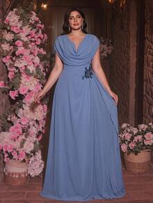 Glamrae Plus Size Elegant Formal Deep Dusty Blue Chiffon Draped Neck Dolman Sleeve Ruched Asymmetric Ruffle Hem Luxurious Applique Decor Dress Wedding Evening - Dusty Blue - View 8
