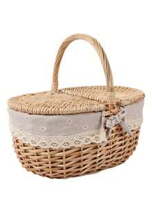 1 pieza Cesta de picnic de mimbre tejida a mano con tapa & asa, cesta tejida natural para almacenamiento de alimentos, camping, compras & decoración del hogar. Existe una ligera variación de color, sin impacto en el uso y la apariencia. - Cesta de picnic - Ver 9