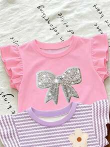 Souflis Souflis Gentle Purple Stripe, 3D Bow Pattern, Young Girl Casual Simple Versatile Round Neck Cap Sleeve T-Shirt 1pc Suitable For Spring/Summer Daily Wear, - Pink - View 3