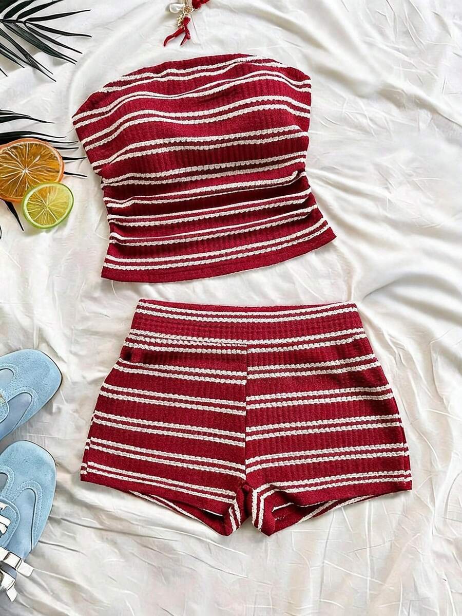 SHEIN Kids Tween Girls' Casual Tropical Red And White Plaid Tank Top And Shorts Set, Comfortable Minimalist Two Pieces Short Set Summer Set Clothes Vacation - Brown - View 1