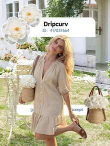 Dripcurv 女士加大码夏季杏色灯笼袖V领连衣裙，夏季连衣裙，度假装，沙滩装，乡村风连衣裙，杏色连衣裙，女士度假装 - 卡其色 - 查看 6