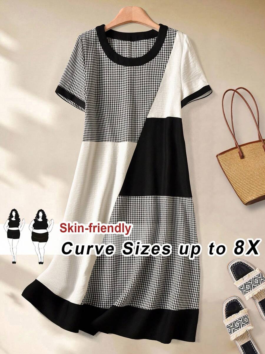 SHEIN CURVE+ 女士撞色格纹印花短袖连衣裙 休闲夏季连衣裙 几何印花连衣裙 拼接连衣裙 女士休闲夏季连衣裙 短袖夏季连衣裙 - 黑與白 - 查看 1