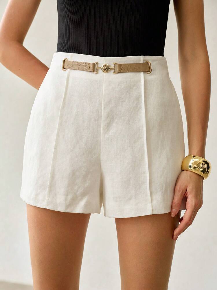 SPRING/SUMMER LINEN & LEATHER PATCHWORK ELEGANT SHORTS