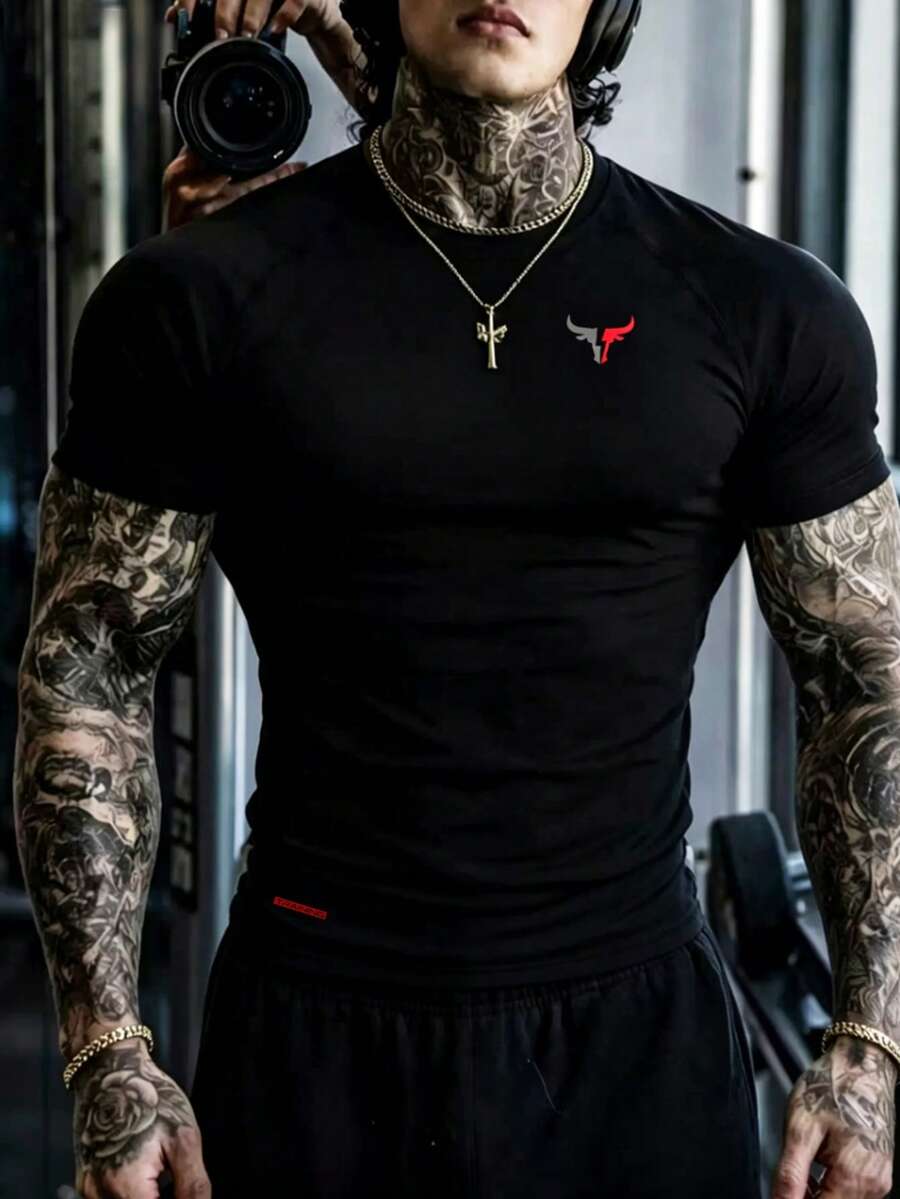 GymBeat Áo thun thể thao nam mùa hè phong cách thường ngày, cổ tròn, tay raglan, in hình đầu bò - màu đen - Xem 1