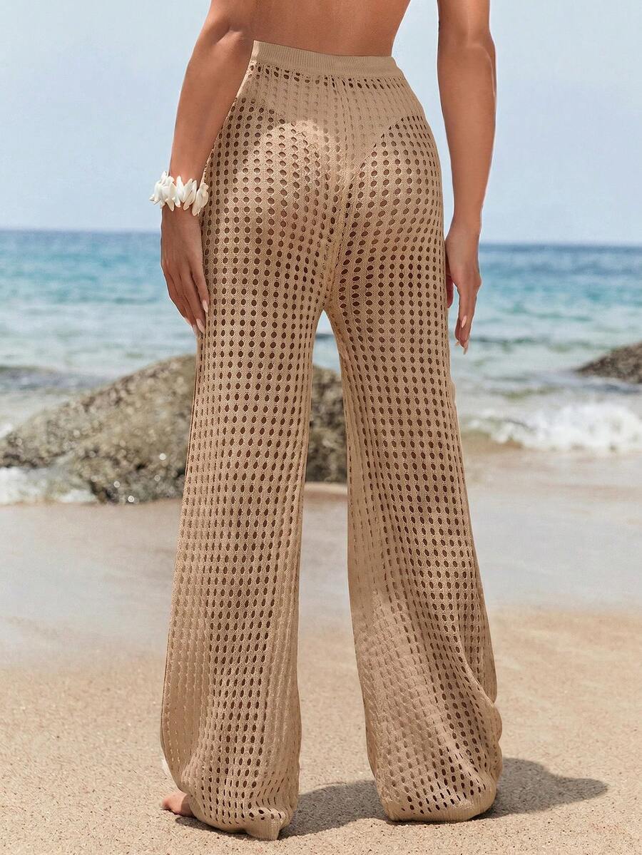 SHEIN Swim 女款度假休閒海灘鏤空設計腰部綁帶罩衫長褲 - 卡其色 - 查看 1