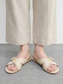 CUCCOO BIZCHIC Ladies Casual Fashion Vacation Buckle Crossstrap Open-Toe Solid Color Flat Sandals Summer - Apricot - View 4