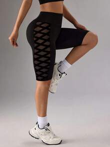 Slayform Quần short thể thao nữ cạp cao màu đen lưới bán xuyên thấu có túi đựng điện thoại, quần Bermuda tập luyện đạp xe ngoài trời - màu đen - Xem 5