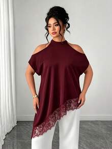 Elenzga Plus Size Summer Fashion Casual Vacation French Vintage Elegant Commuter Lace Patchwork Off-Shoulder Blouse - Burgundy - View 4