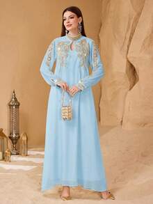 SHEIN Najma 优雅花卉蕾丝边饰串珠装饰女式连衣裙 - 淺藍色 - 查看 6