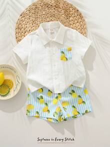 Cozy Pixies Conjunto de camisa de verano de manga corta con botones delanteros y estampado de limones para niños pequeños - Blanco - Ver 6