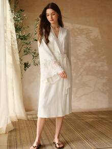 MOTF PREMIUM LACE PATCHWORK LONG BELTED LIGHTWEIGHT ROBE - Beige - View 7