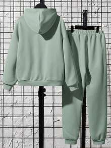 SHEIN Conjunto de 2 piezas para niño preadolescente con sudadera con capucha de unicolor con relieve y pantalones de punto, casual y cómodo - verde menta - Ver 2