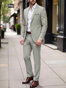 Manfinity Bizformal 男士素色缺口領單排扣長袖夾克與長褲休閒通勤西裝套裝，儀式、正式 - 綠色 - 查看 3