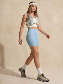 SHEIN Sports 女款素色極簡無縫彈性腰緊身內搭褲 - 藍色 - 查看 3