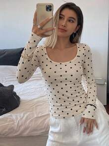 DAZY Autumn New Polka Dot Fitted Long Sleeve Print T-Shirt - White - View 9