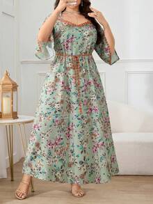 Al Najma 大尺碼女款開衩長袖刺繡裝飾優雅阿拉伯風洋裝 - 綠色 - 查看 4