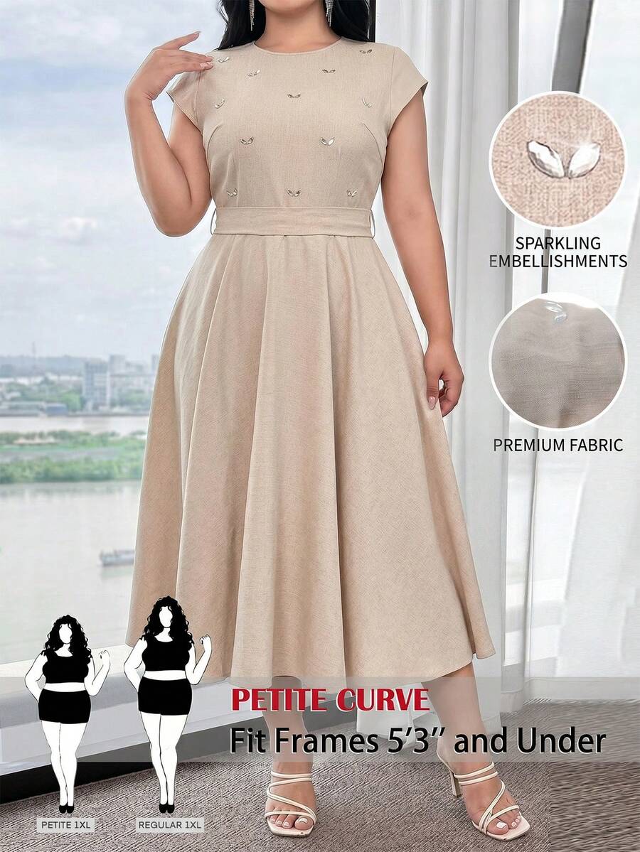 SHEIN PETITE CURVE Robe d'été élégante avec décoration de strass asymétrique pour femmes grandes tailles, robe mi-longue beige, robe mi-longue gracieuse, robe d'été, robe mi-longeur thé - Kaki - Voir 1
