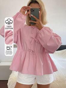 DAZY Set pigiama da donna 2 pezzi con blusa ampia decorata con fiocco e pantaloni corti, outfit primavera estate, tonalità rosa - Rosa - Visualizzare 3