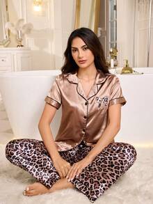 LuxeNights Light Luxury Contrast Trim Leopard Print Bow Embroidery Open Front Lapel Faux Silk Women's Pajama Set - Brown - View 1