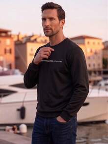 Men's Casual Versatile Daily Commute Minimalist Printed Crew Neck Short Sleeve Sweatshirt, Spring/Autumn Spring To Summer - Black - View 8