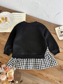 SHEIN 女嬰針織字母圖案圓領拼接格紋休閒洋裝 - 黑色 - 查看 2