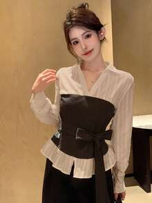 DAZY Women's 2 In 1 Collared Long Sleeve Tie-Up Elegant French Formal Brunch Office Blouse, Spring/Autumn Teachers' Day White And Black - Khaki - View 5