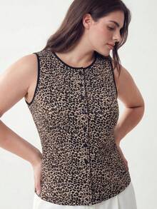 Solavibe Canotta da donna taglie forti con bottoni anteriori, scollo rotondo e stampa leopardata - Castano - Visualizzare 5