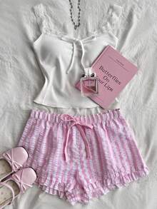 Elamini Pantalones cortos casuales de vacaciones para mujer con rayas, plisados y cordón ajustable - Rosa - Ver 7