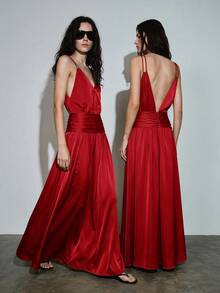 MOTF PREMIUM URBAN METAL RING DECOR CHAIN RUCHED LONG CAMI DRESS SPRING SUMMER - Red - View 7