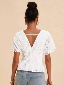 Travachic Women's Vacation Casual Romantic Solid Color Hollow Embroidery Batwing Sleeve Waist-Defining Top Vacation White Summer - White - View 2