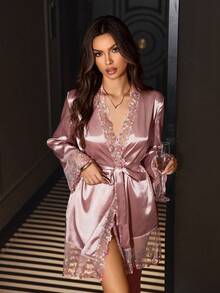 SilkySpell Embroidered Lace Trim Faux Silk Elegant Robe Sleeping Pink Autumn - Burgundy - View 6