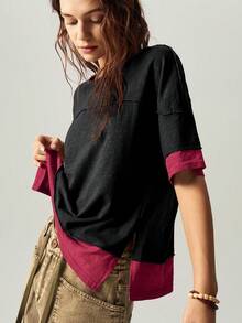 Bohemela Casual Knit Colorblock Crew Neck Short Sleeve Loose Fit Women's T-Shirt - Black - View 9