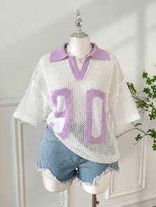 SHEIN EZwear 女款大尺碼夏季時尚對比色翻領字母圖案鏤空針織上衣 - 淡紫色 - 查看 1