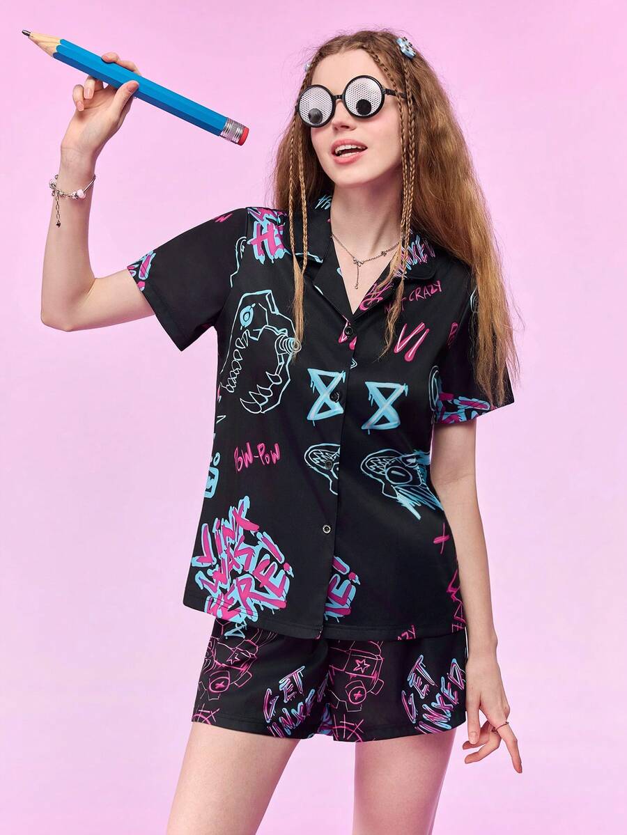 Notgurli 女款黑色多彩圖案印花睡衣短褲套裝 趣味搞怪睡衣派對服飾 - 黑色 - 查看 1